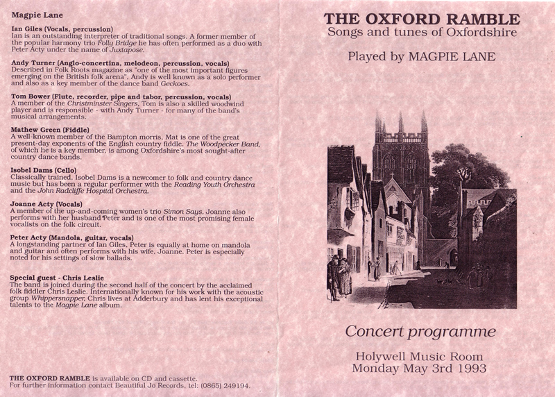 Magpie Lane - first concert programme, 3rd May 1993 (front) - click to view larger image