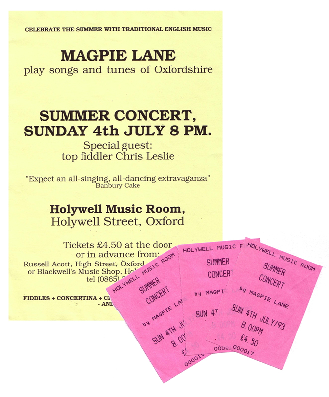 Flyer and tickets for summer concert 1993 - click to view larger image